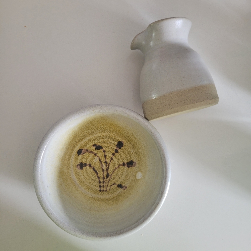 Artisian Handmade Pottery Creamer & Bowl Farmhouse Folk Art